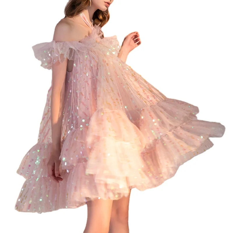 Новая модная женская сказочная юбка с одним вырезом без бретелек, расшитая блестками пышная газовая юбка, праздничная юбка, платье, Прямая поставка