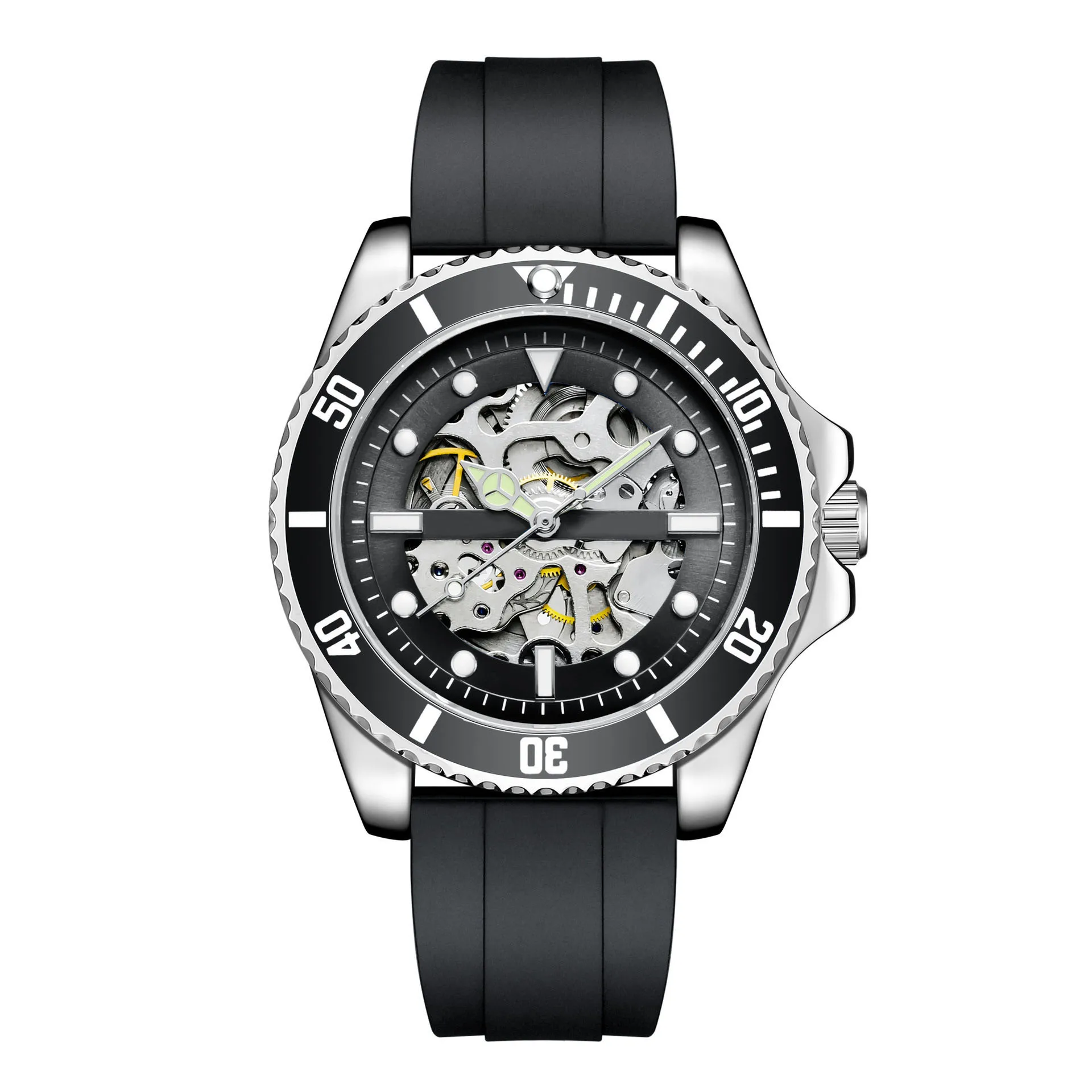 Best Selling Men Luxury Watches Stainless Steel Strap Skeleton Black Dial Wrist Mechanical Automatic Watches