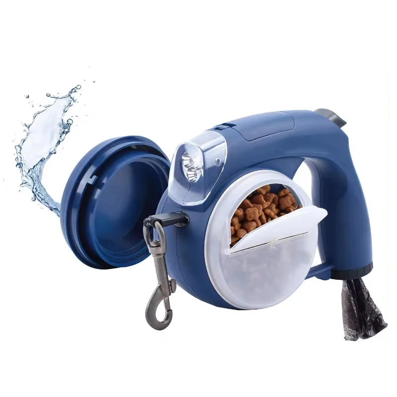 Multifunction pet leash with poop bag and water fountain and snack fountain automatic retractable LED flashlight dog leash