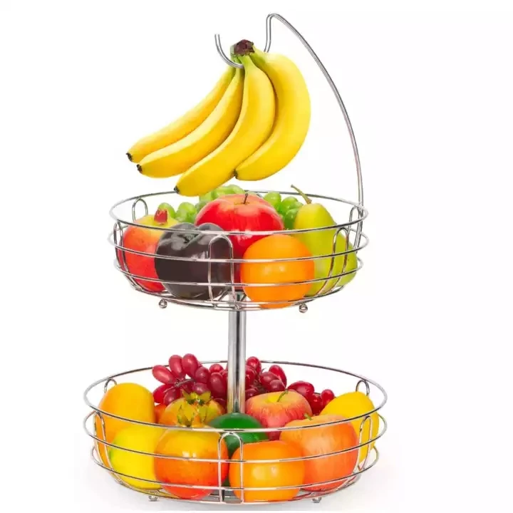 Metal Fruit Basket with Banana Hanger, Detachable Countertop Fruit Stand Kitchen Storage Rack for Fruit Vegetables Eggs Breads