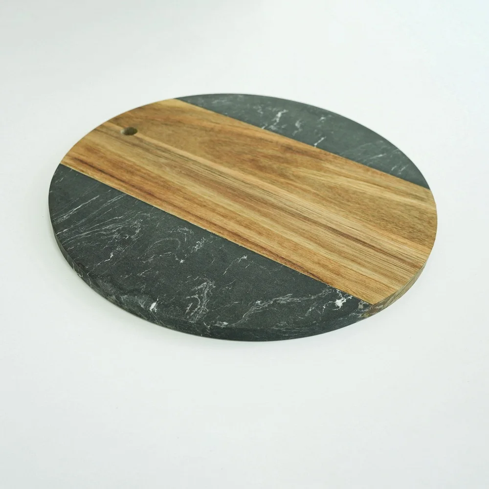 Multifunctional round shape black marble and acacia wood cutting board chopping board for kitchen
