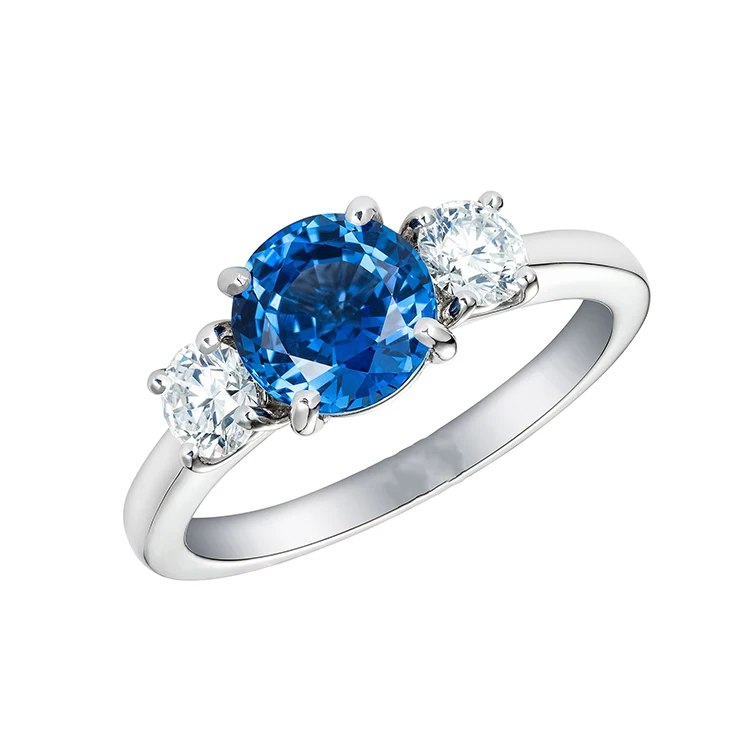 MEDBOO Jewelry Three Stones Ring 1.78CT Round Lab Created Blue Sapphire Ring 14K Solid Gold Classic Diamond Engagement Ring