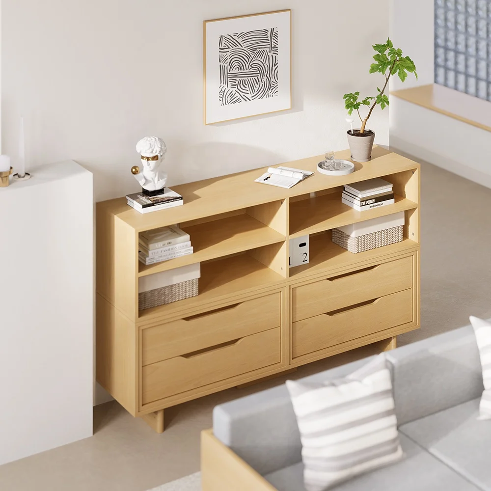 Only B2B Boori Wooden Open Book Shelf Storage Cabinet With 4 Drawers