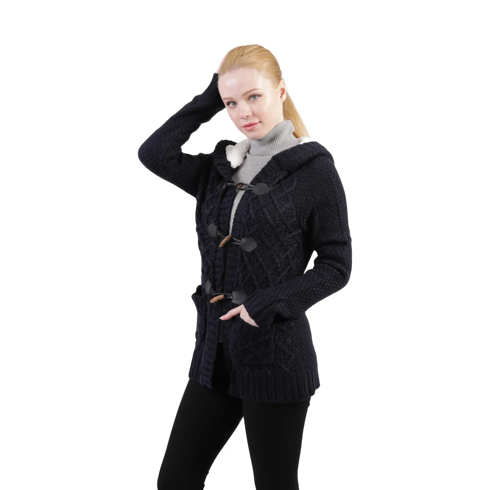 Custom  Winter Women Long Sleeve Fur Hood Horn Button Thick Sweater Cardigan With Pockets