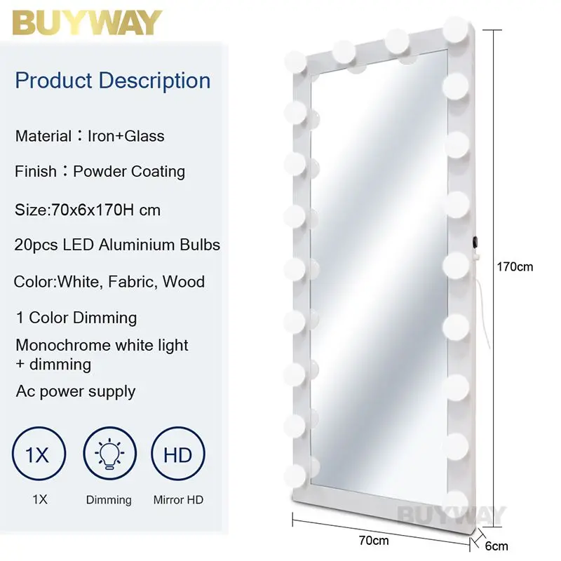 Белое голливудское зеркало для макияжа с регулируемой яркостью 20 лампочек