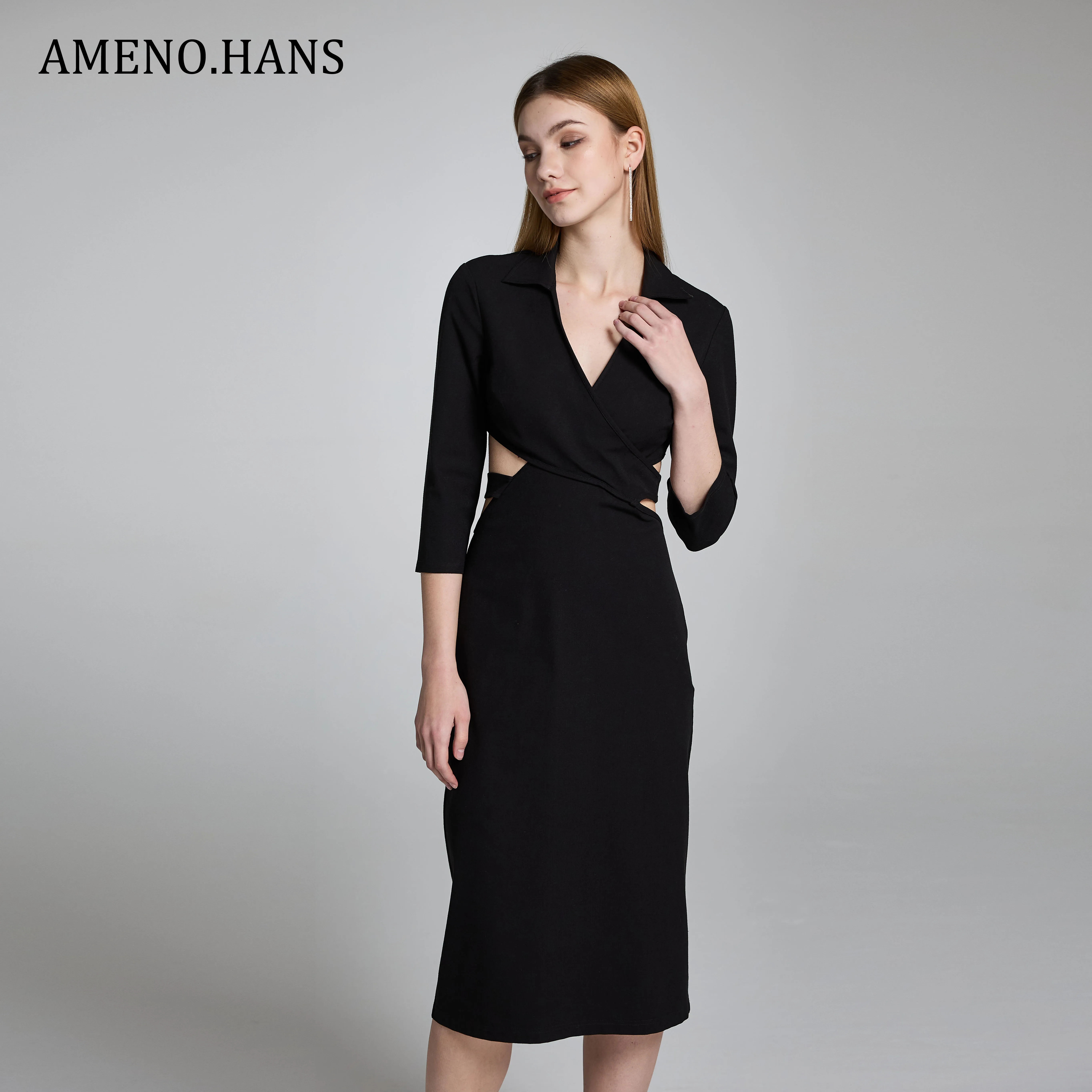 Ladies New Office Dress Hot Selling V Neck Bodycon Waist Hollow Out Career Dress