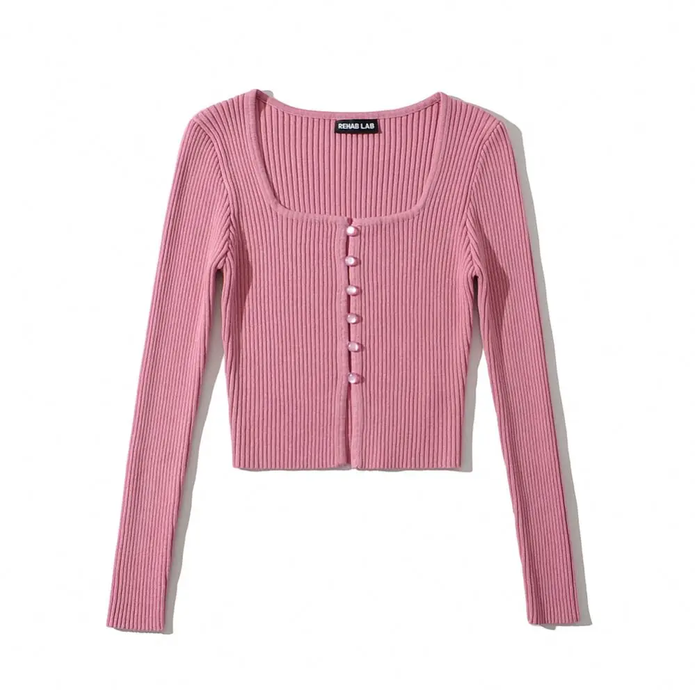 W212 5 colorway ribbed stretchy square collar vintage retro design single breasted cropped cardigan women knitted sweater