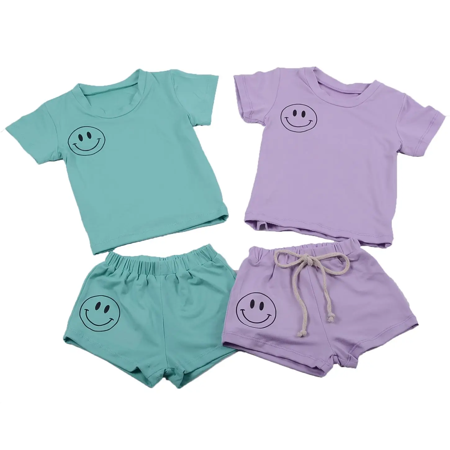 Custom Logo Baby Clothes Smiling Face Printing Pajama Short Sleeve Sweatshirt Kids Summer Clothing baby Set