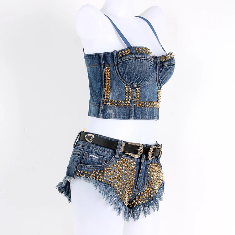Hand-made Colored Denim Rivet Crop Top Bustier Push Up Tank Tops Women Sexy Vest for Night Club Part