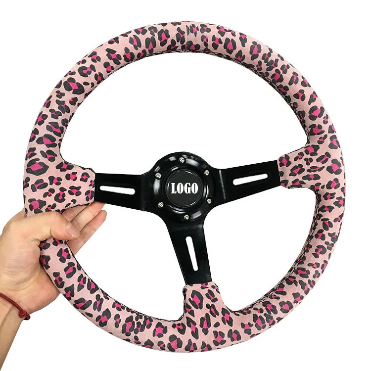 2023 New Customized Universal Leopard Print Car Modified Steering Wheel 350MM Racing Suede Sports Steering Wheel