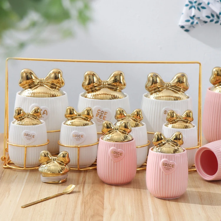 Modern Luxury 7PCS Pink Blue Ceramic Airtight Caniset Set Kitchen Sugar Coffee Spice Storage Jar with Golden Rack