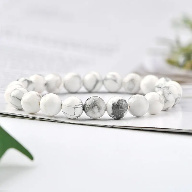 Charm Bracelet With Healing Crystal 8mm 7A Natural White Howlite Beaded Round Bracelet for Men Women Jewelry