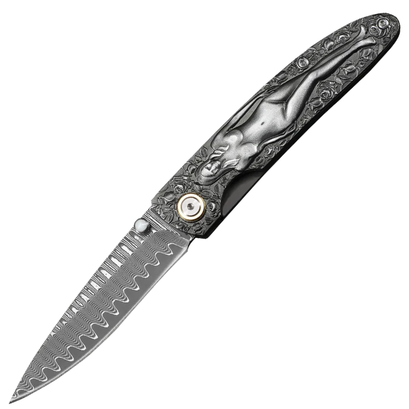 Pocket Knife Japanese Damascus Steel Blade Moussa Goddess Folding Knife
