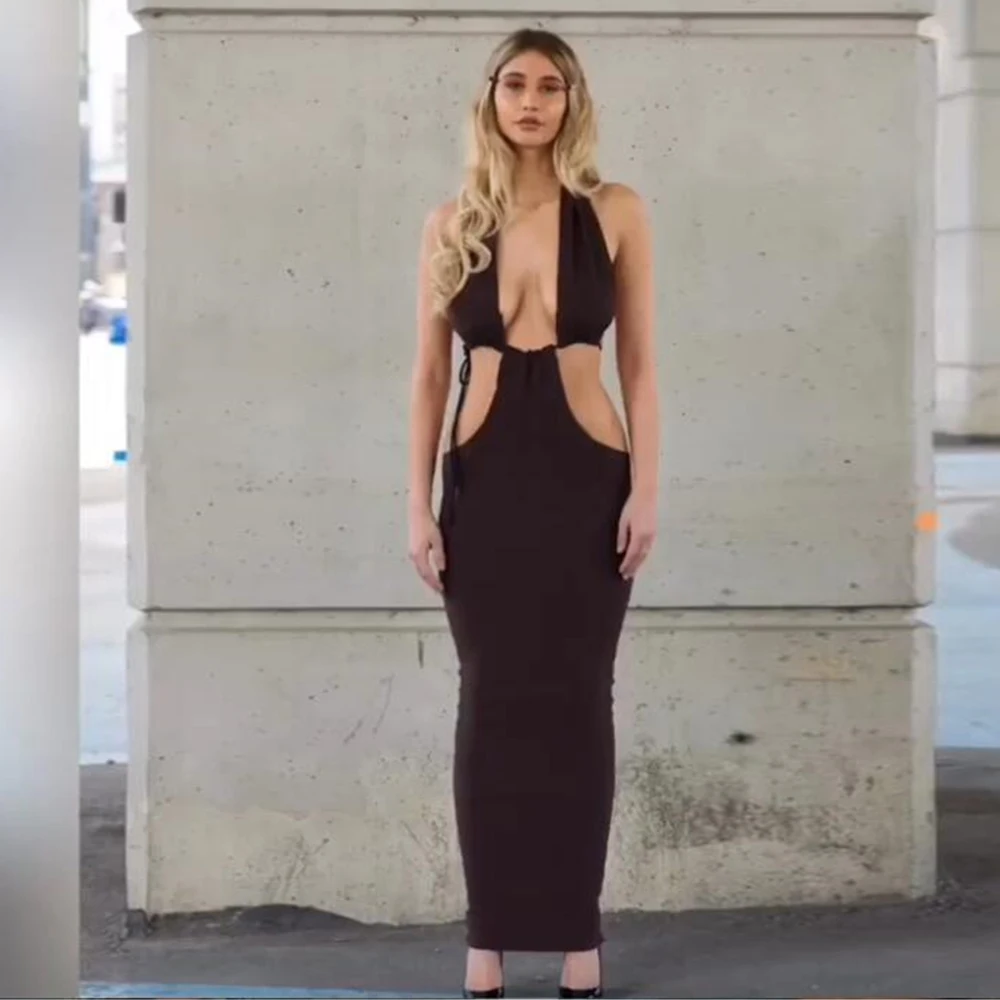 
9498 Ladies Nightclub Sexy Low-Cut Bandage Halter Deep V-neck Women Dress Bodycon Ankle Length Dresses 