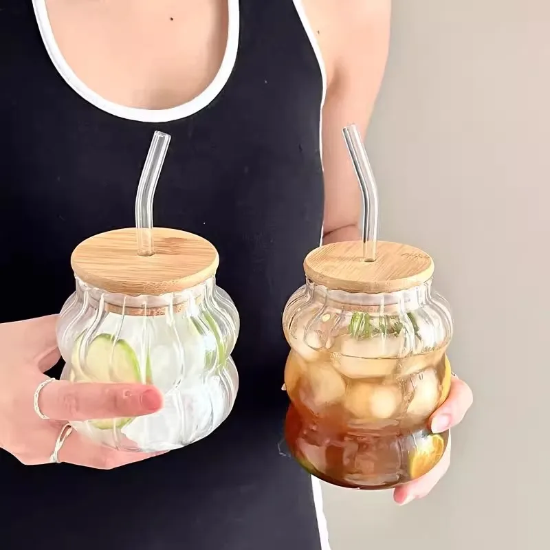 Large capacity Glass bottle with straw Bamboo wood cover hole glass high quality ice latte juice cup