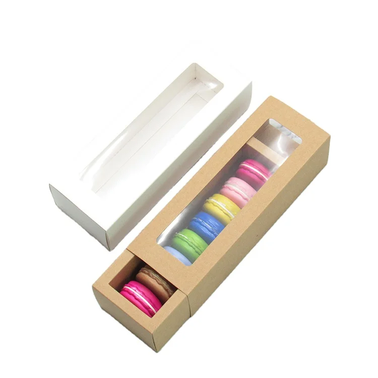 Wholesale Bakery Macaron cake Box Transparent PVC Window Kraft Paper Drawer Box for cake Bakery Biscuit