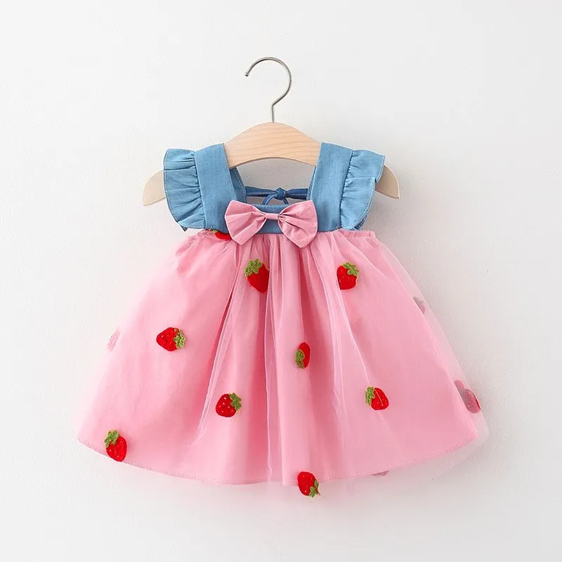 Summer Casual Sweet Cherry Embroidery Holidays Kids Clothes Love Roses Newborn Baby Girls Party Dresses Toddler Girl Skirt