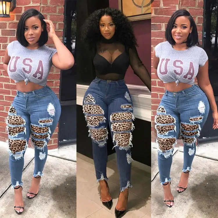 
New Fashion Style In Stock sexy leopard patch skinny rip jeans women plus size 