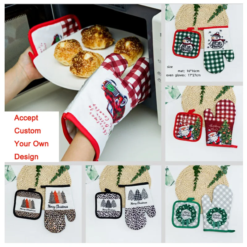 27x17cm  Heat Resistant Oven Mitts Christmas Decor Dacron Printing Baking Grilling Hand Protect Pot Holder
