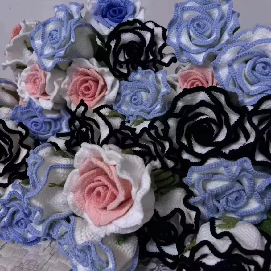 Woven Roses Knitting Crochet Flower Bouquet Crochet Handmade Black White Rose Artificial Flowers Wedding Decor Birthday Gift