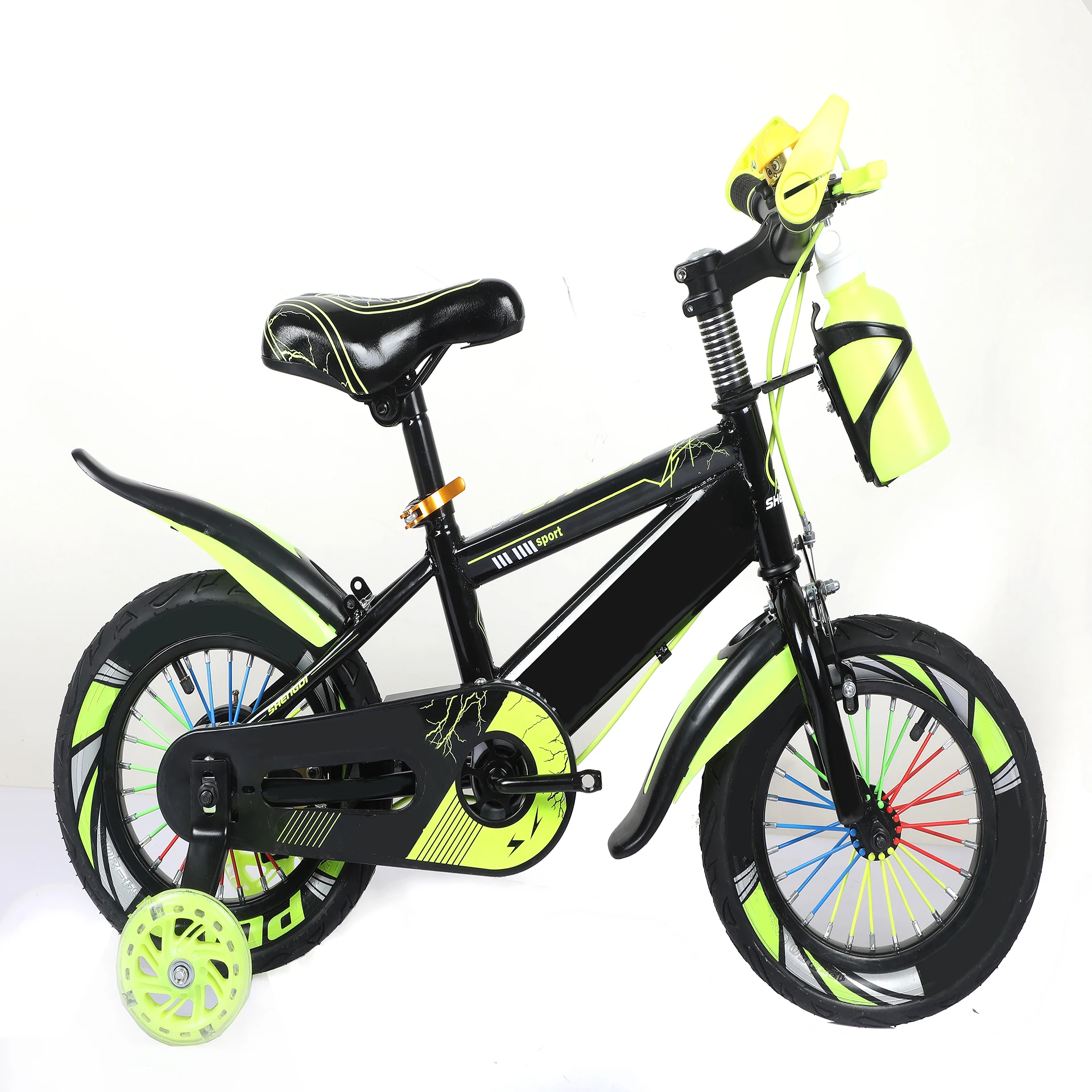 16inch 4 heels steel frame kids bike for 4-12 years old child wholesale children bicycle with bottle and flash training wheels