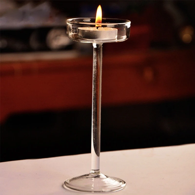 Transparent Candlestick Holder Crystal Glass Round Base Tall Pillar Light Goblet Candle Holder