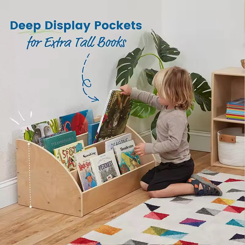 Daycare Nursery Kids Sling Bookshelf Wood And Canvas Sling Book Organizer Bookcase For Montessori Kindergarten Classroom Home