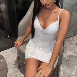 2023 New Women Sexy Club Party Short Dress Spaghetti Strap Mesh Patchwork  Backless Stretchy Sundress  Bodycon Mini  Dress