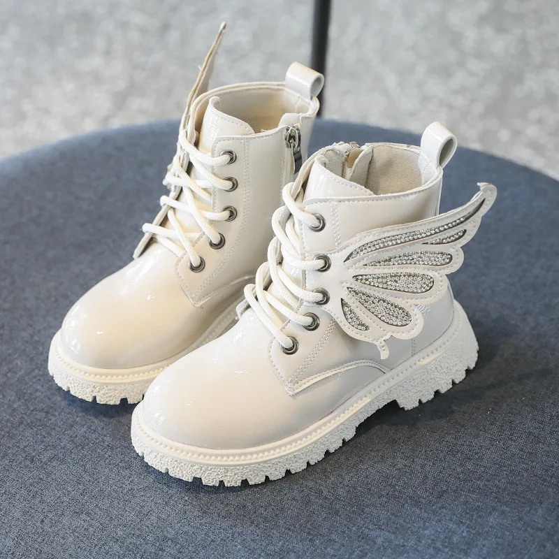 Children Shoes Fashion Black Patent Leather Toddler Girls Kids Wing Boots