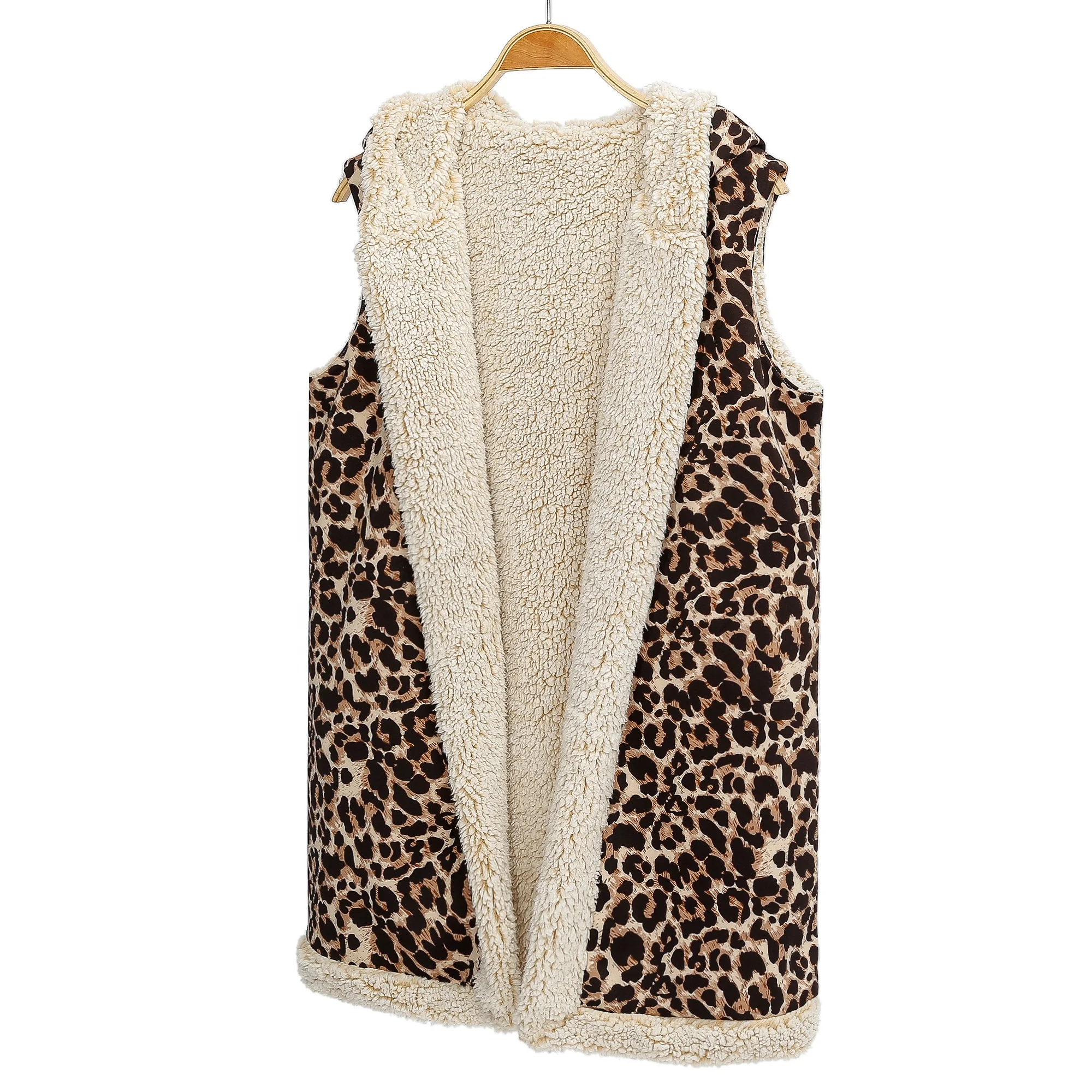 Sleeveless Open Front Reversible Fleece Vests Faux Fur Hooded Sherpa Vest For Women