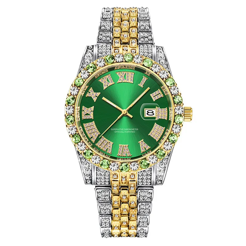 2021 New Hip Hop Jewelry Iced Out Rhinestones Quartz Watches Stainless Steel Roman Watches 18K Gold Diamond Bezel Elite Watch