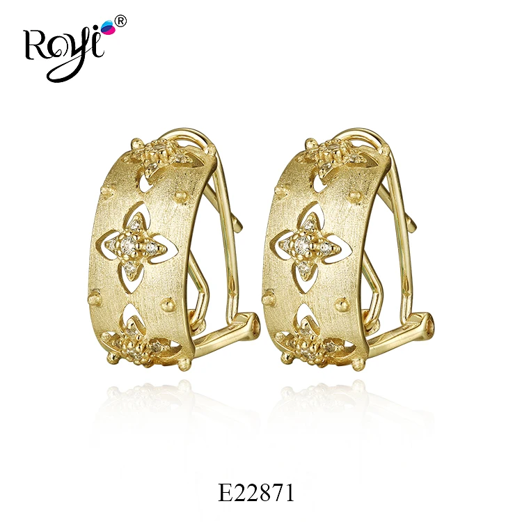 Silver 925 Brushed Finish 14 Karat Gold Plated Four Leaf Clover Huggie Hoop Earrings