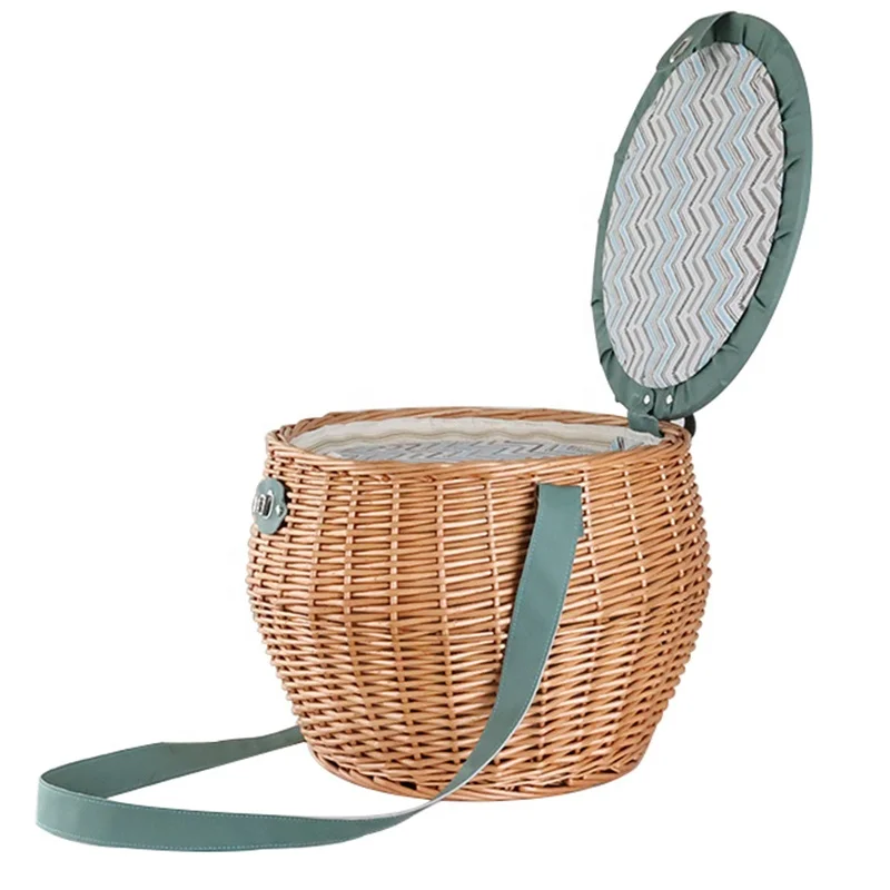 empty  beach willow wicker rattan round oval insulated shoulder strap wooden lid cover picnic gift basket set table with handle