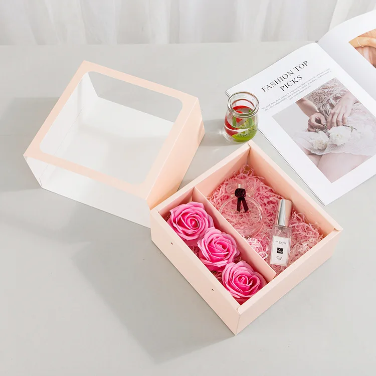 Tosun Luxury Pink Cardboard Box with PVC Window Ribbon Pull and Push Box Perfume Packaging Flower Packing