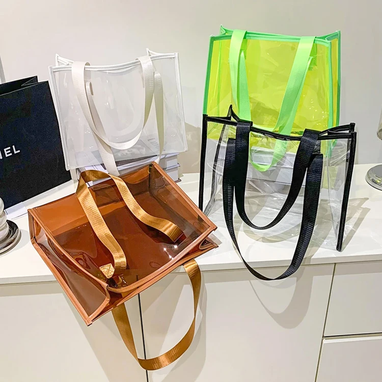 Custom Logo  Large Capacity Transparent Plastic Bag Women  Shoulder Bag Portable Shopping Bag