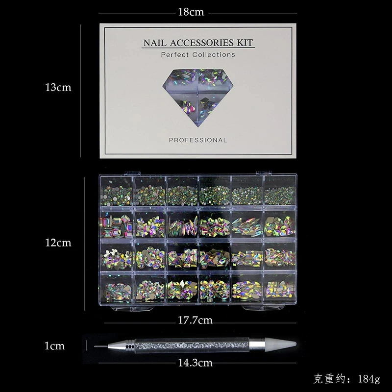 24 Grid Diamond Jewelry Set for Nail Art Decorations Nail Ab Flat Bottom Drill Art Luxe Nail Shaped Diamond Illusion Color