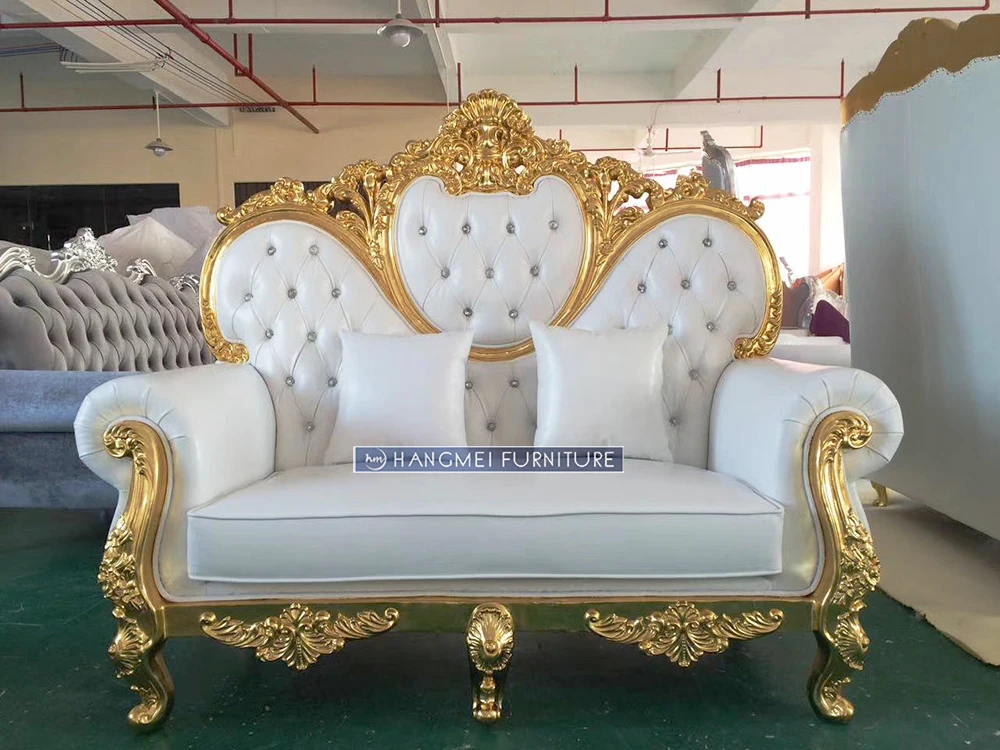 Wholesale High-Density Soft Cushion Gold Frame Fiberglass Banquet Throne Party Event Wedding Sofa for Living Room Use