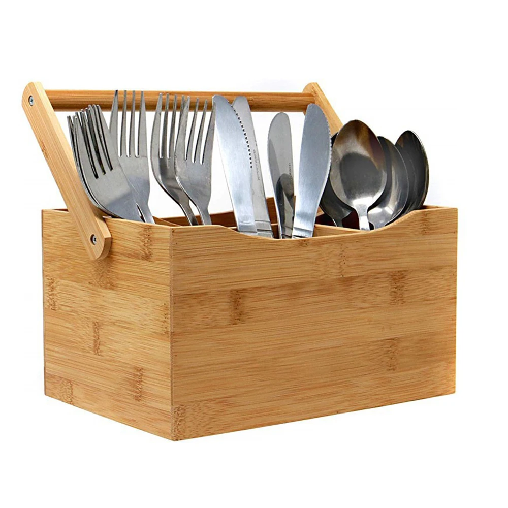 handle compartment four varnish color custom craft bamboo kitchen utensil bins wooden storage holders & racks