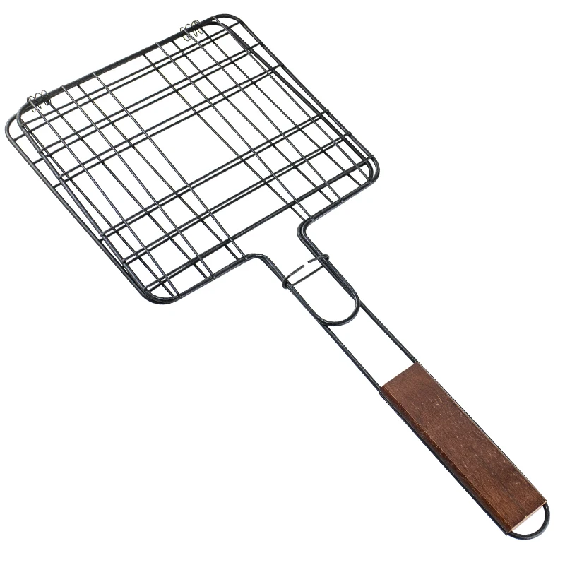 Factory Supplier Custom Design Hot Sale Iron Wood Handle Rotisserie Grill Basket Baking Bbq Grid
