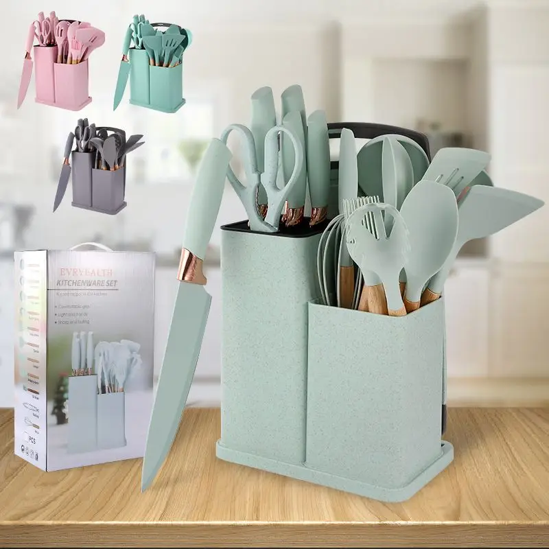 19 PCS Heat Resistant BPA Free Colorful Silicone Kitchen Cooking Utensil Set Wooden Handles Kitchen Tools Spatula Set