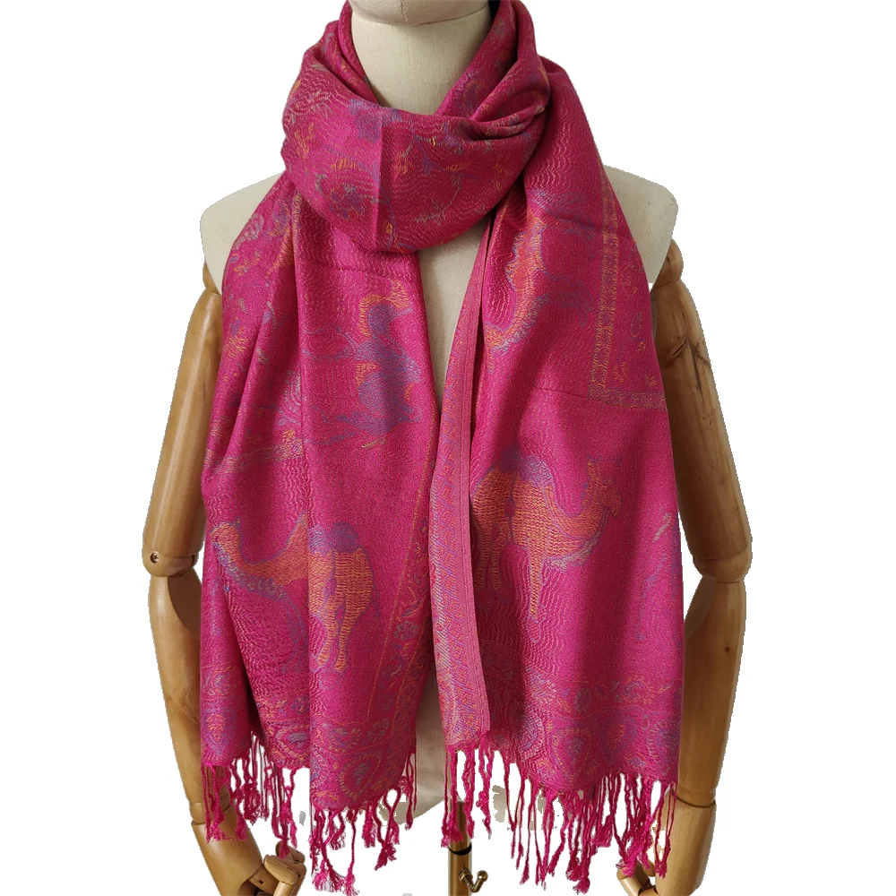 Custom Soft Silky Reversible Camel  Pashmina Shawl Wrap Animal Scarf With Fringes