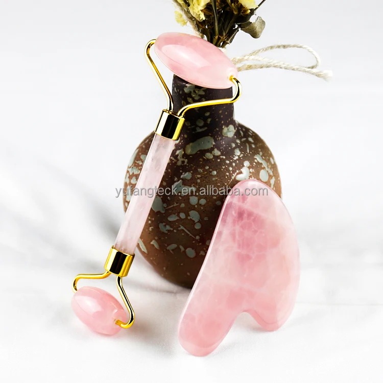 Gem Handheld Rose Quartz Jade Roller Gua Sha Beauty Facial Massage Face Massage Roller Rose Jade Roller For Face With Box