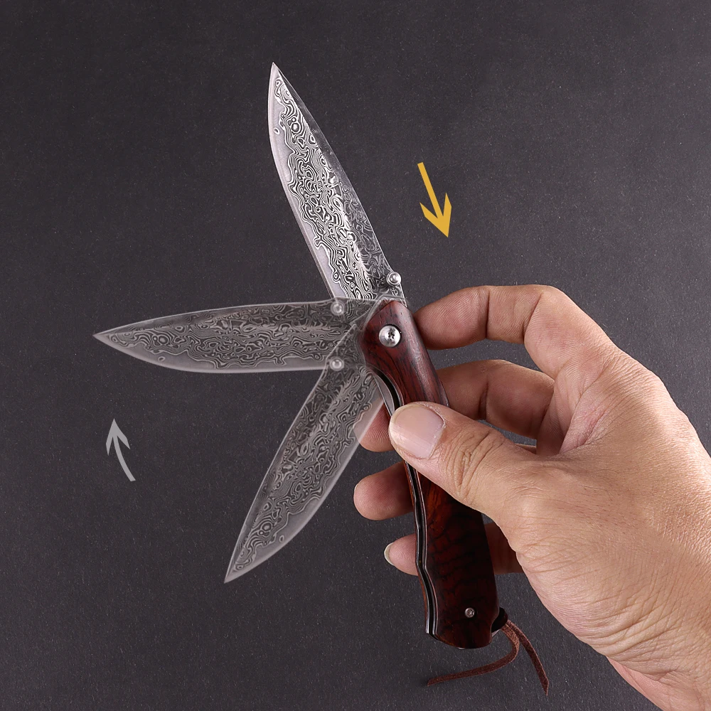 
Handmade Yellow Sandalwood Handle Damascus Steel Outdoor Camping Survival EDC Folding Pocket knife 