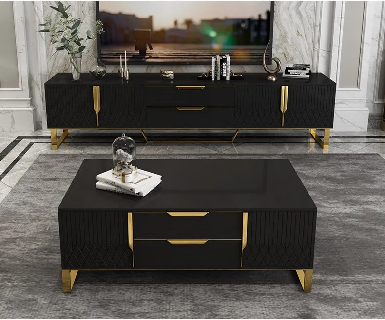 Modern minimalist Nordic black paint light wooden TV stand cabinet living room rectangle coffee table set with storage furniture