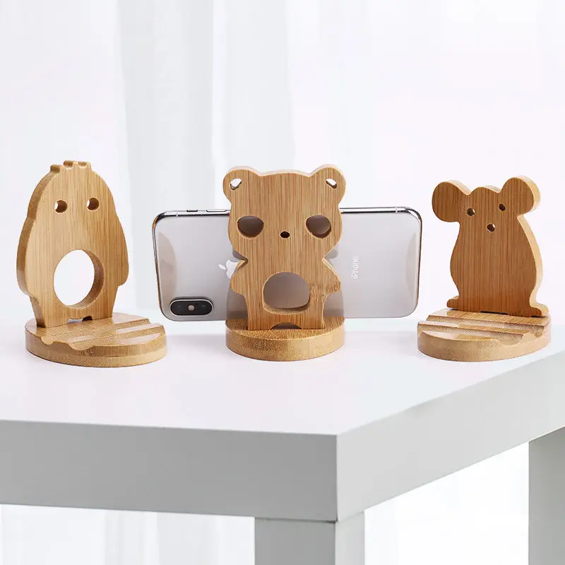 2022 New Design Desktop Natural Bamboo Wood Cell Phone Holder Wooden Multi-angle Animals Shape Desk Holder for Smart Phone Ipad
