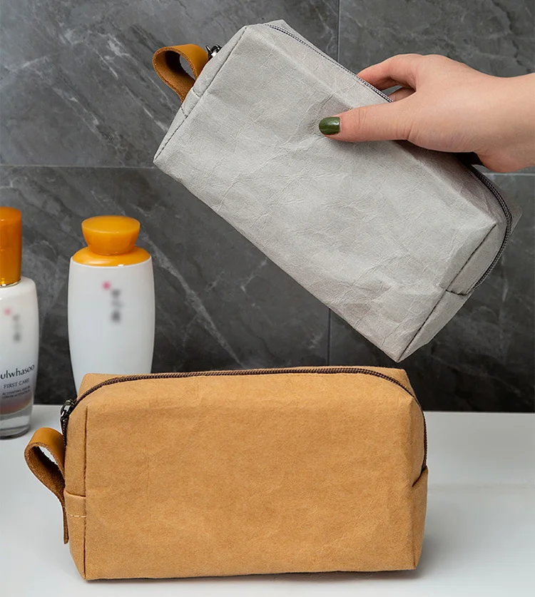 Custom logo retro ecofriendly recyclable DuPont paper travel cosmetic bags vintage brown washable kraft paper makeup zipper bag