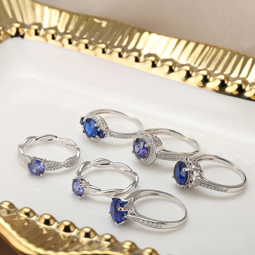 Grace Factory Custom Design Classic Blue Spinel Three Stone Style Vintage Ladies Fine Jewelry Ring