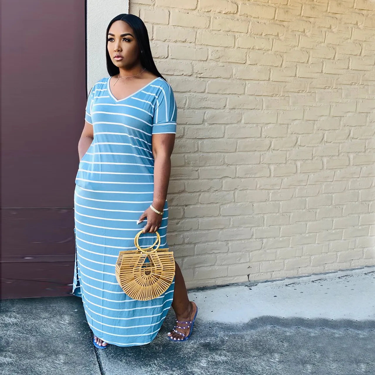 Fashion Side Pocket Striped Printed European And American Style Women Dress