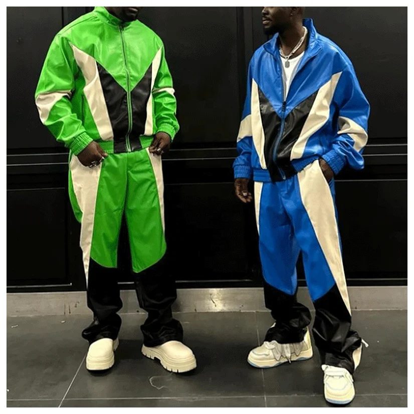 Custom Embroidered Logo Screen Print Men Zip Up Leather Jacket And Pu Stacked Flare Pants Set Oversized Tracksuit For Men