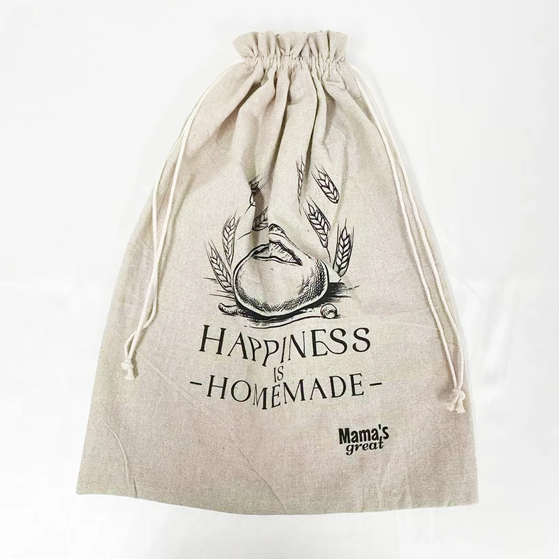 Custom Brand Logo Eco friendly Drawstring Reusable Bread Bags Cotton Linen Baking Food Bags For Bakery